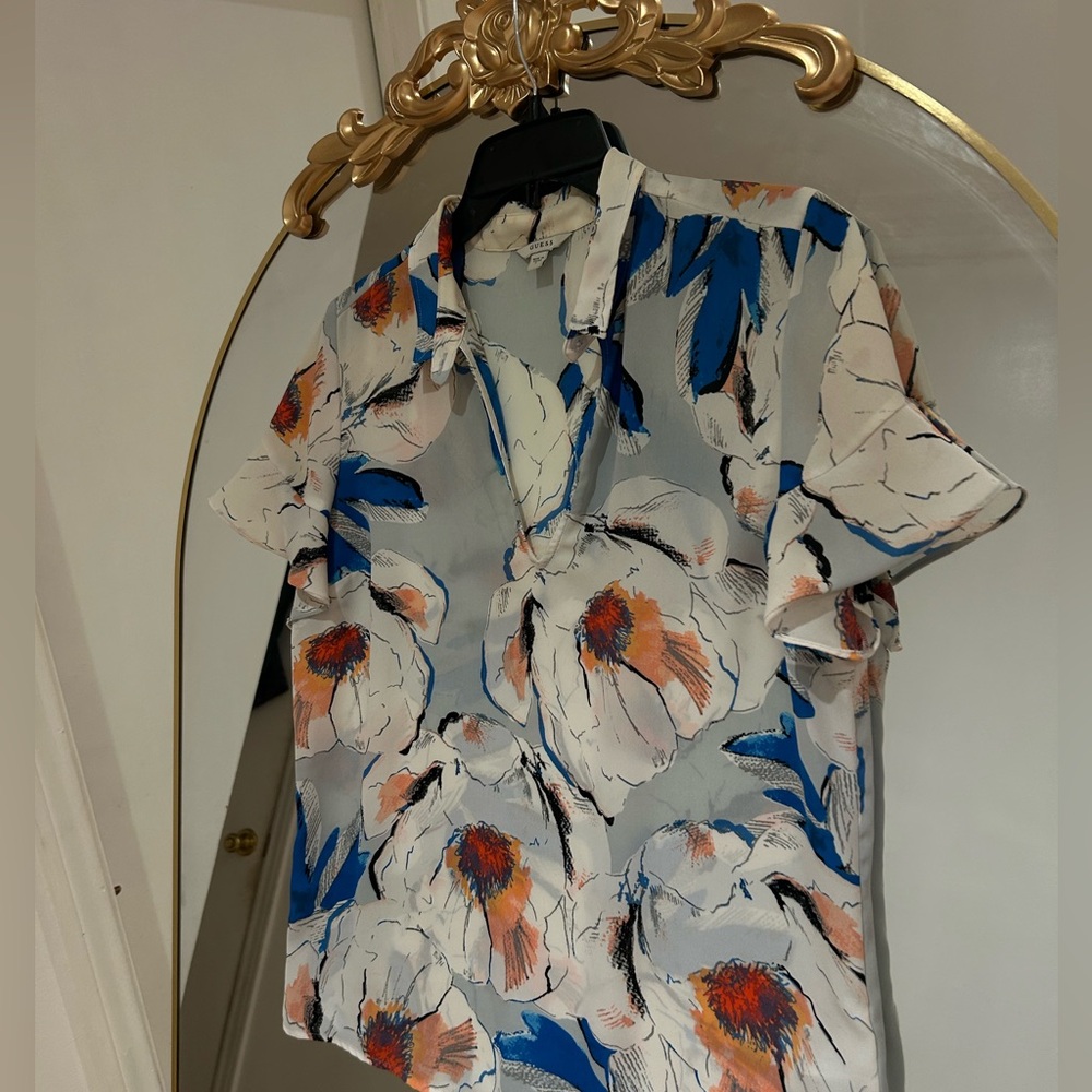 Guess Ivory Floral Blouse with Ruffle Sleeves, Size S